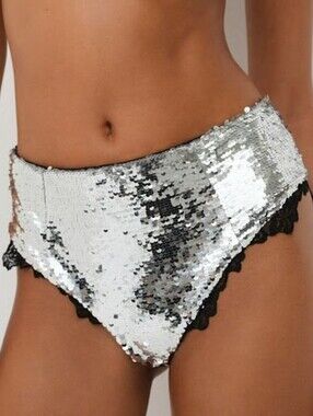 For Love & Lemons | Maia High-Waist Panty Size XS In Black Lace Silver Sequin